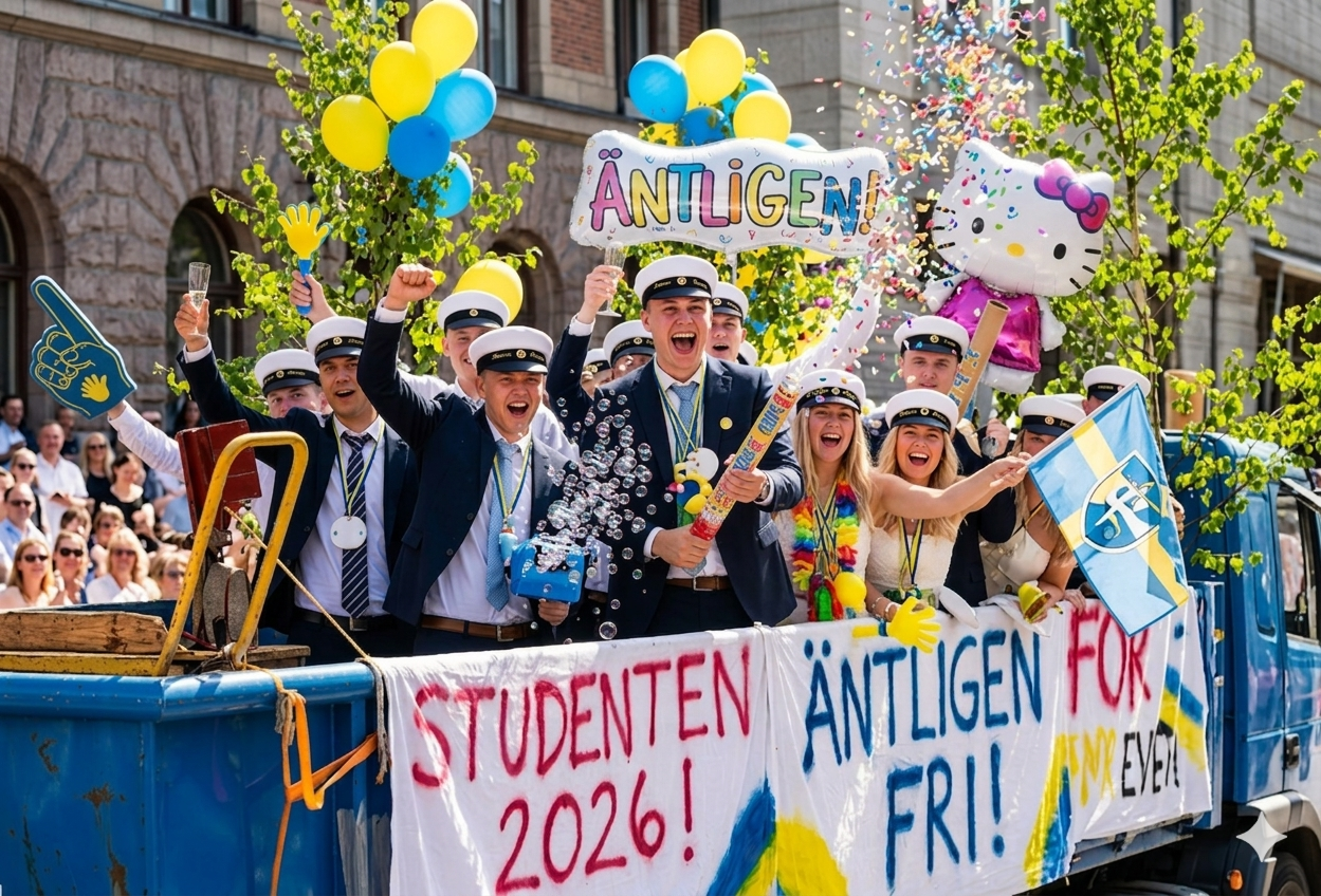 Svenska studenter firar med studentmössor på studentflak