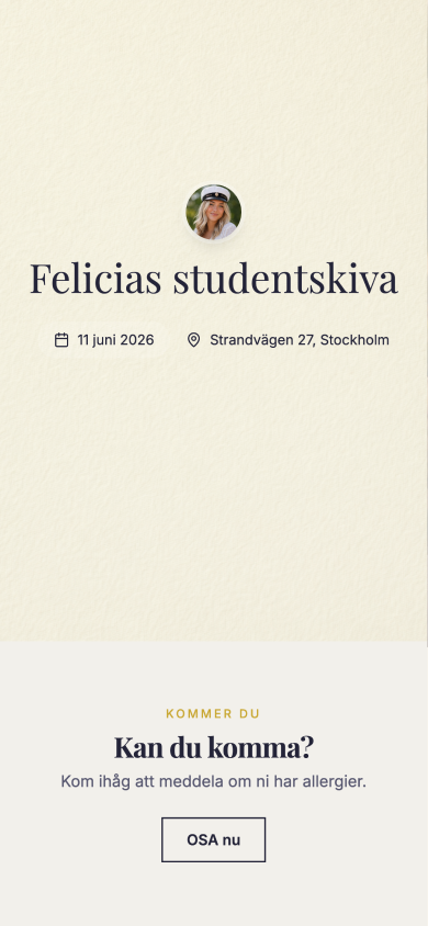 Exempel på festsida i Klassisk-mallen, visad på iPhone