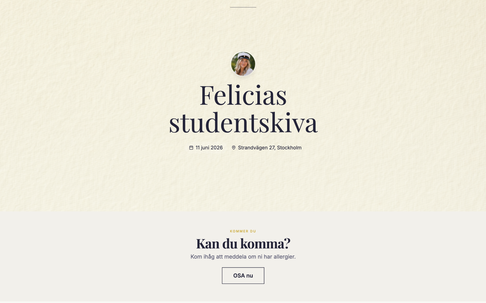Exempel på festsida i Klassisk-mallen, visad på laptop