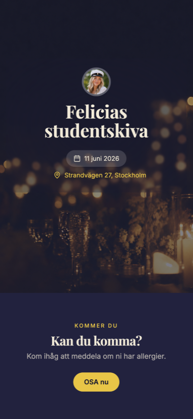 Exempel på festsida i Midnight-mallen, visad på iPhone