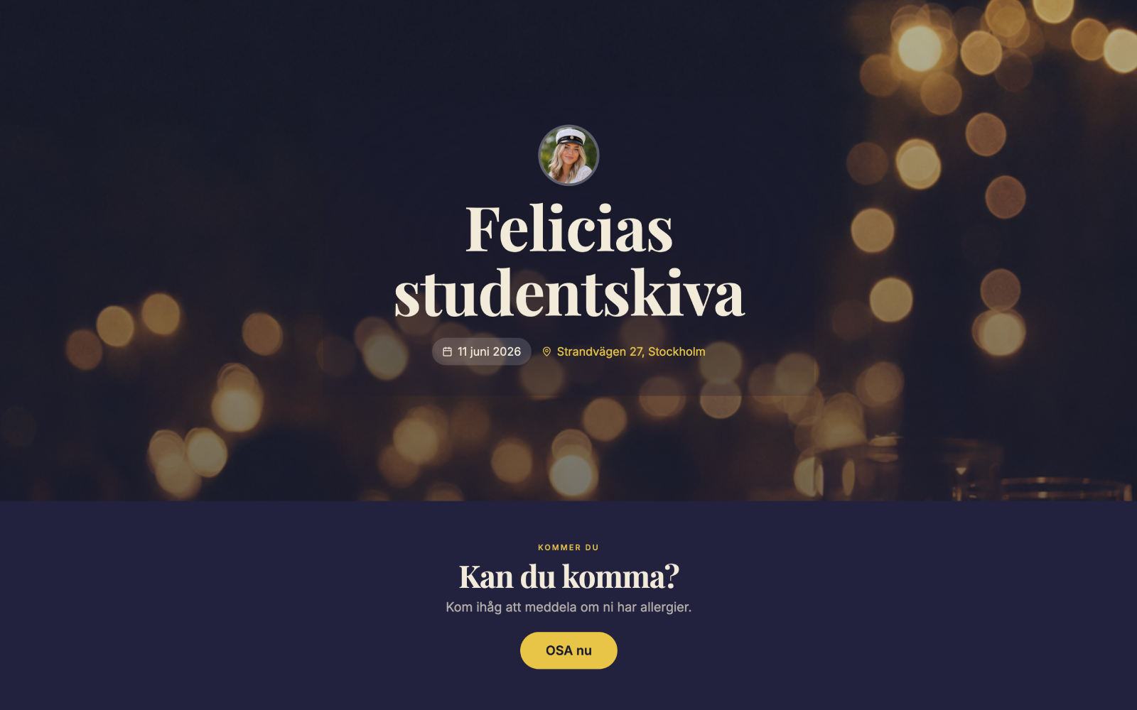 Exempel på festsida i Midnight-mallen, visad på laptop
