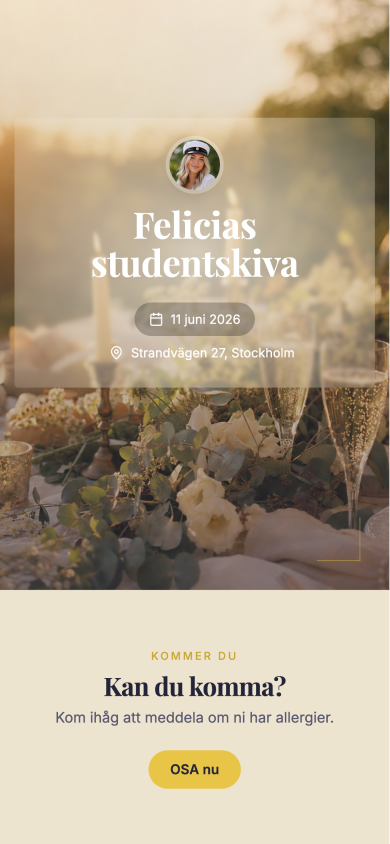 Exempel på festsida i Signature-mallen, visad på iPhone