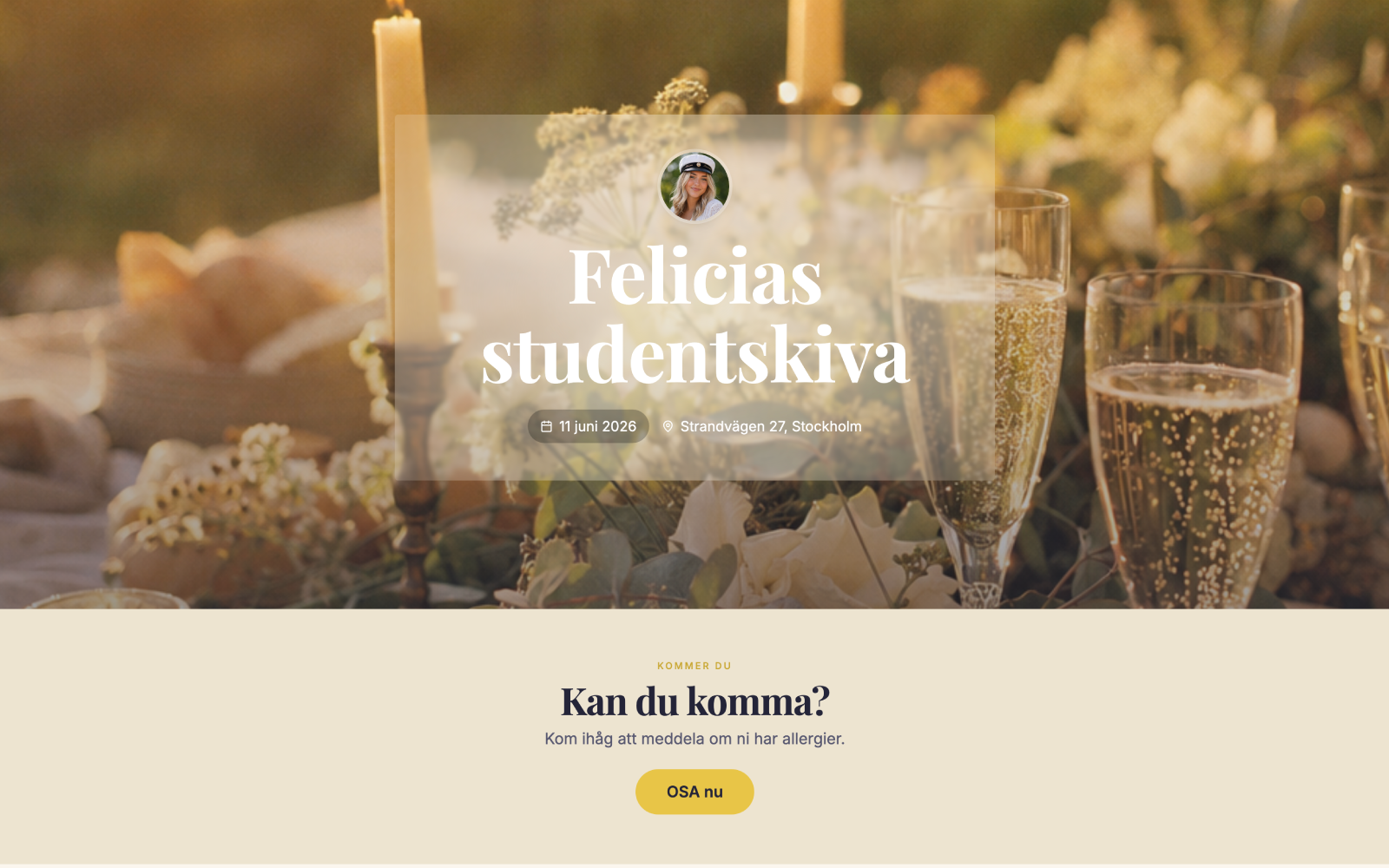 Exempel på festsida i Signature-mallen, visad på laptop