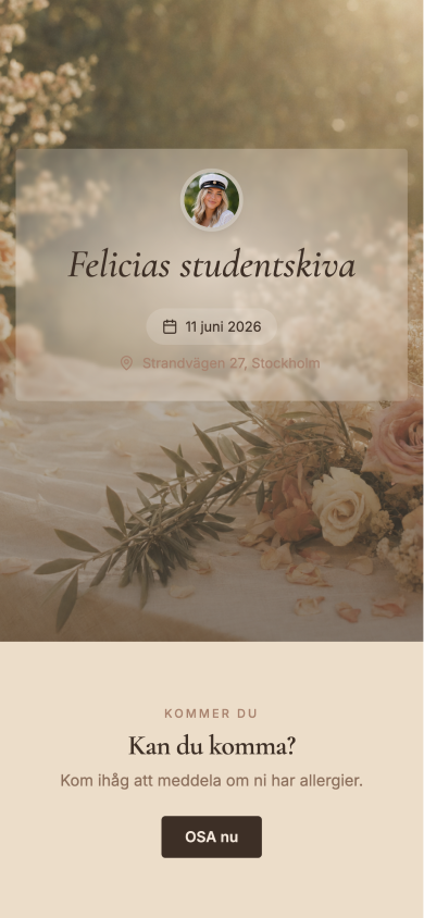 Exempel på festsida i Sommar-mallen, visad på iPhone