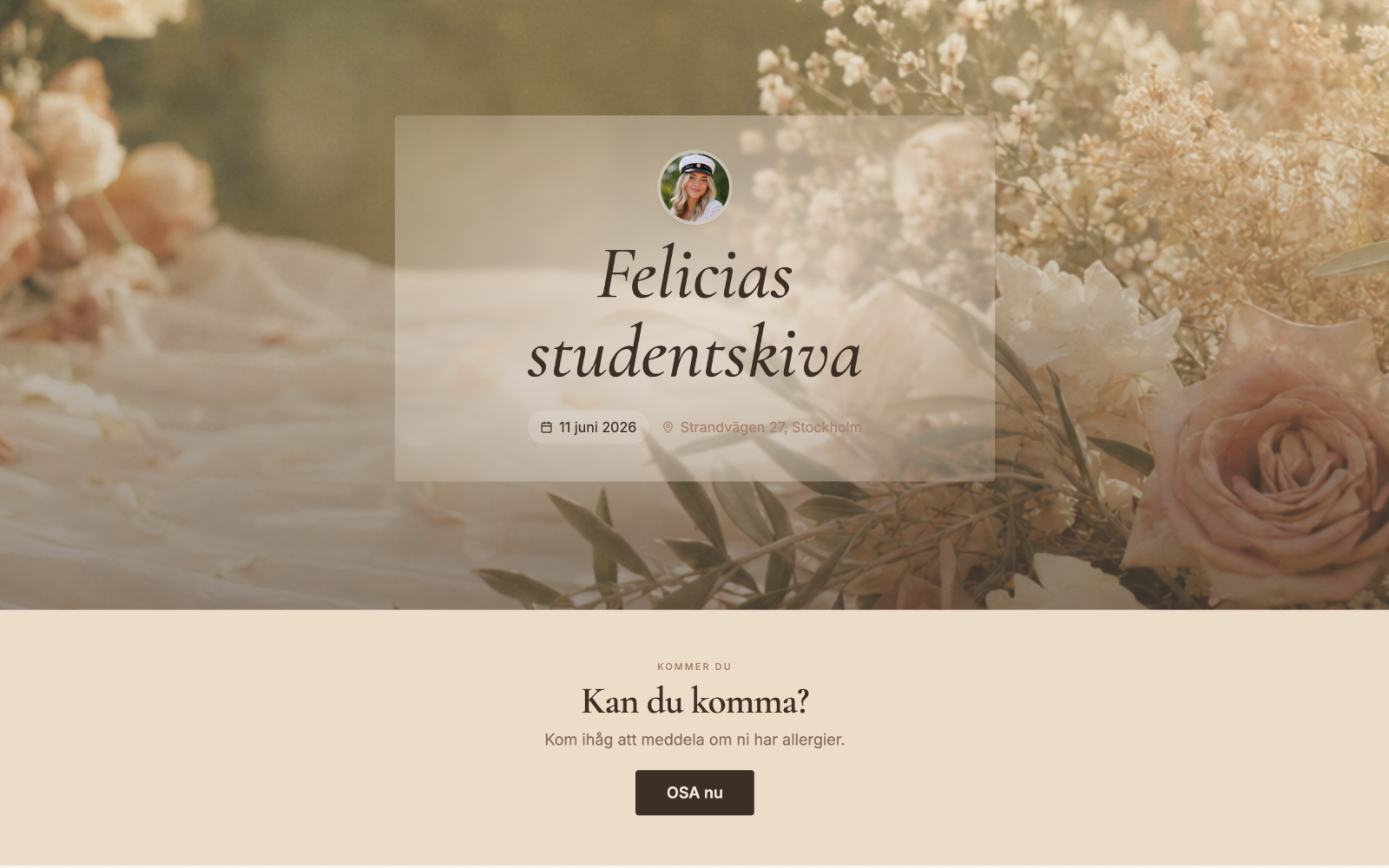 Exempel på festsida i Sommar-mallen, visad på laptop